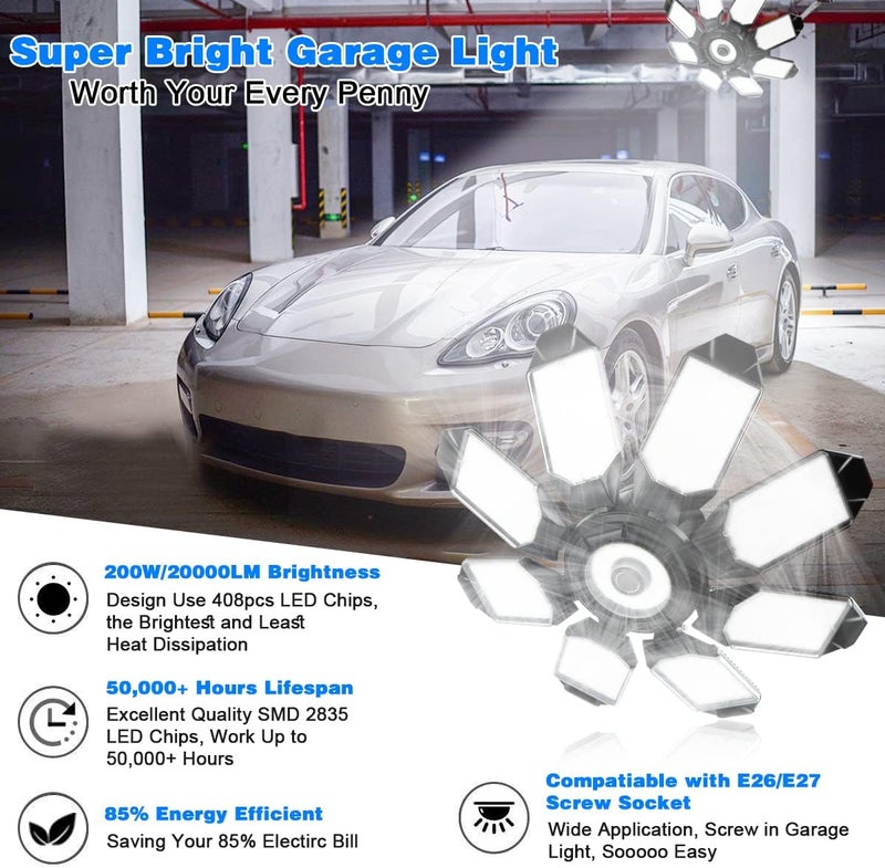 POLARPRA Led Garage Light - 20000LM Super Bright 6500K Garage Lights Ceiling Led w/ 8 Adjustable Panels Garage Shop Light Compatible for E26/E27 Socket Applicable for Workshop Barn Warehouse Attic - Image 2